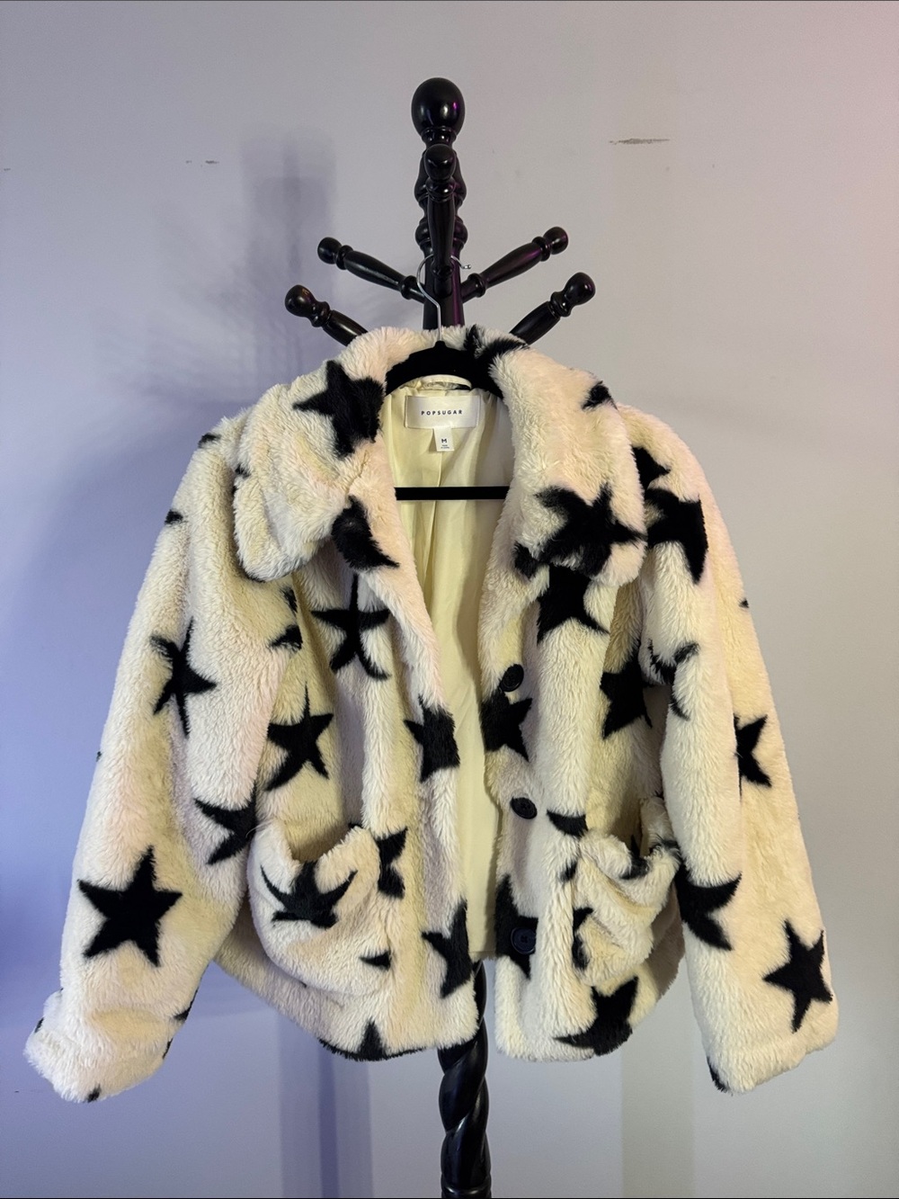 POPSUGAR Cream and Black Star Faux Sherpa Jacket